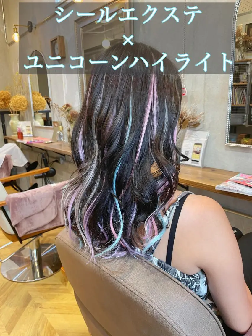 セミロング カラー シールエクステ セミロングパーマ ミストバング ブリーチ ダブルカラー エクステ指名No.1 【店長】橘田のヘアスタイル