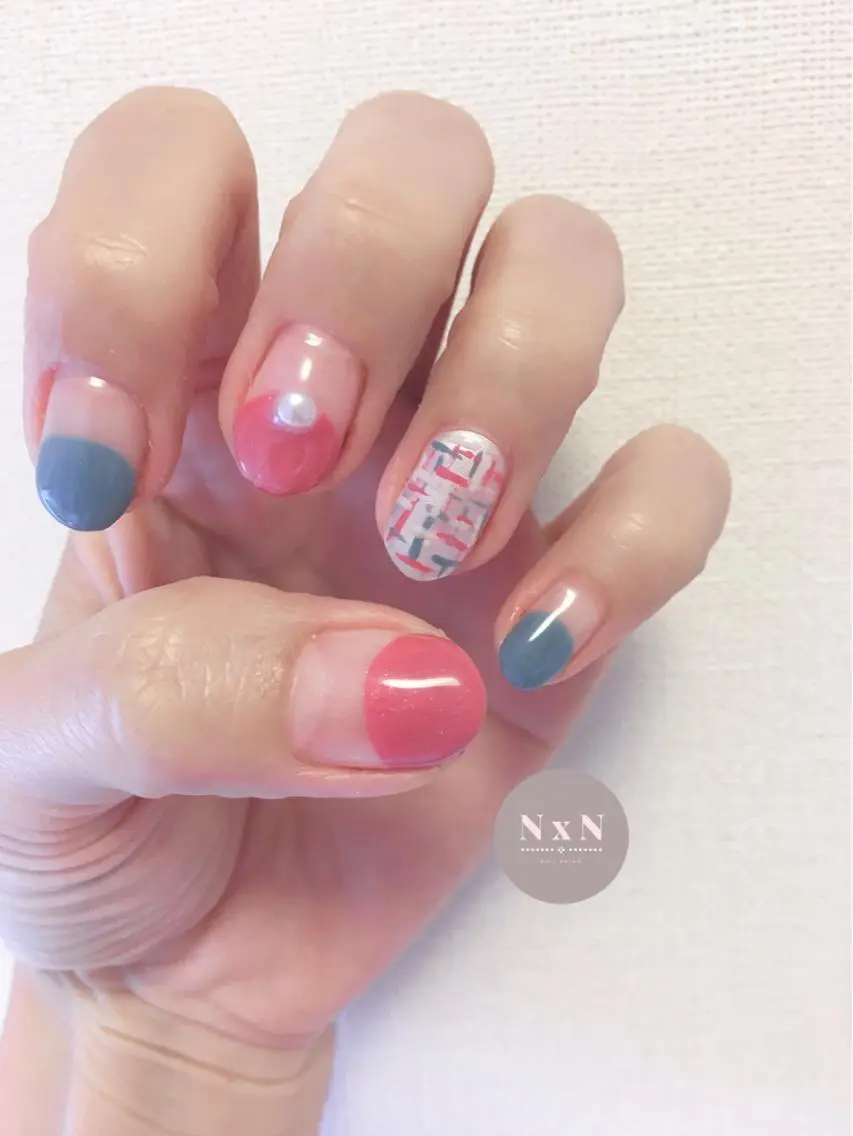ネイル フレンチネイル ジェルネイル ぷっくりネイル 逆フレンチ ツイードネイル nail salon N×Nのネイルデザイン
