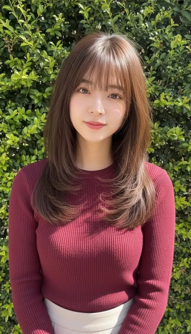 パーマ カラー セミロング ブラウンカラー レイヤーカット 小顔カット ストレートパーマ さく/髪質改善× 縮毛矯正/町田のヘアスタイル
