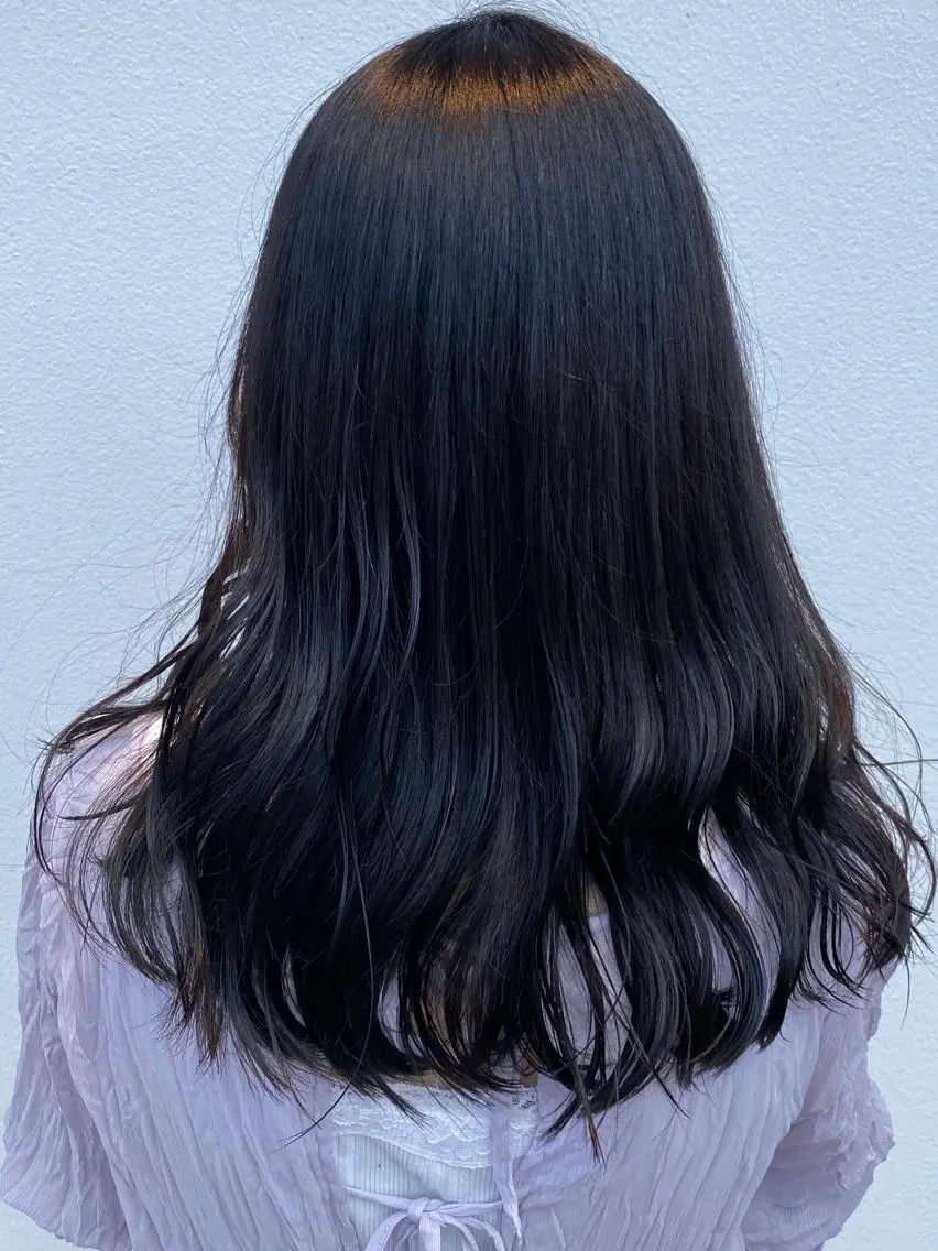 セミロング カラー 黒髪 ブルーカラー ブルーブラック ヘアカラー 🎀暖色カラー🎀 おかだみほのヘアスタイル