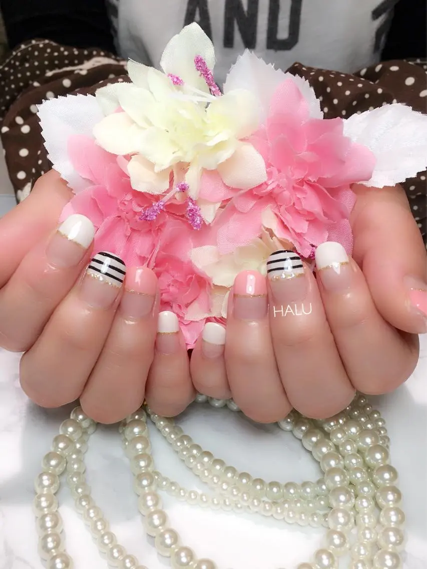 ネイル ボーダー フレンチネイル ピンク 春ネイル HALU ハルのネイルデザイン