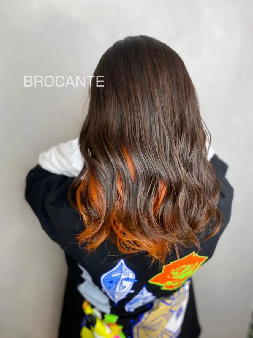 セミロング カラー イヤリングカラー インナーカラー オレンジ 韓国風ヘア ヘアカラー BROCANTE立川 karasawa.nのヘアスタイル
