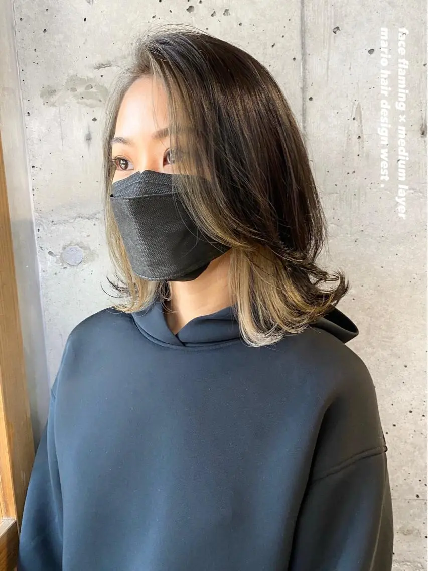 ミディアム カラー ボブレイヤー ミディアムレイヤー ミストバング ベージュカラー イヤリングカラー 竹嶌 健吾のヘアスタイル