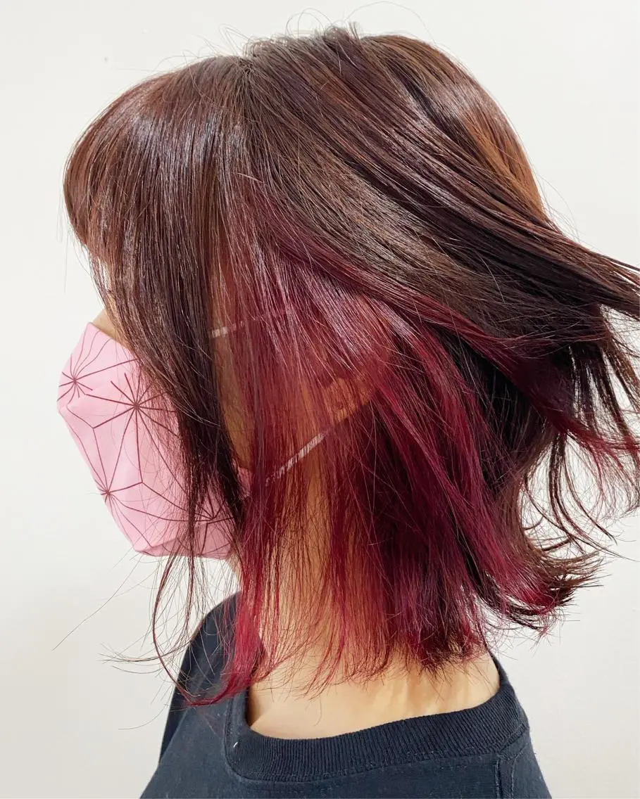ミディアム カラー 切りっぱなしボブ イヤリングカラー レッドカラー ボブ fulam/ WATANABEのヘアスタイル