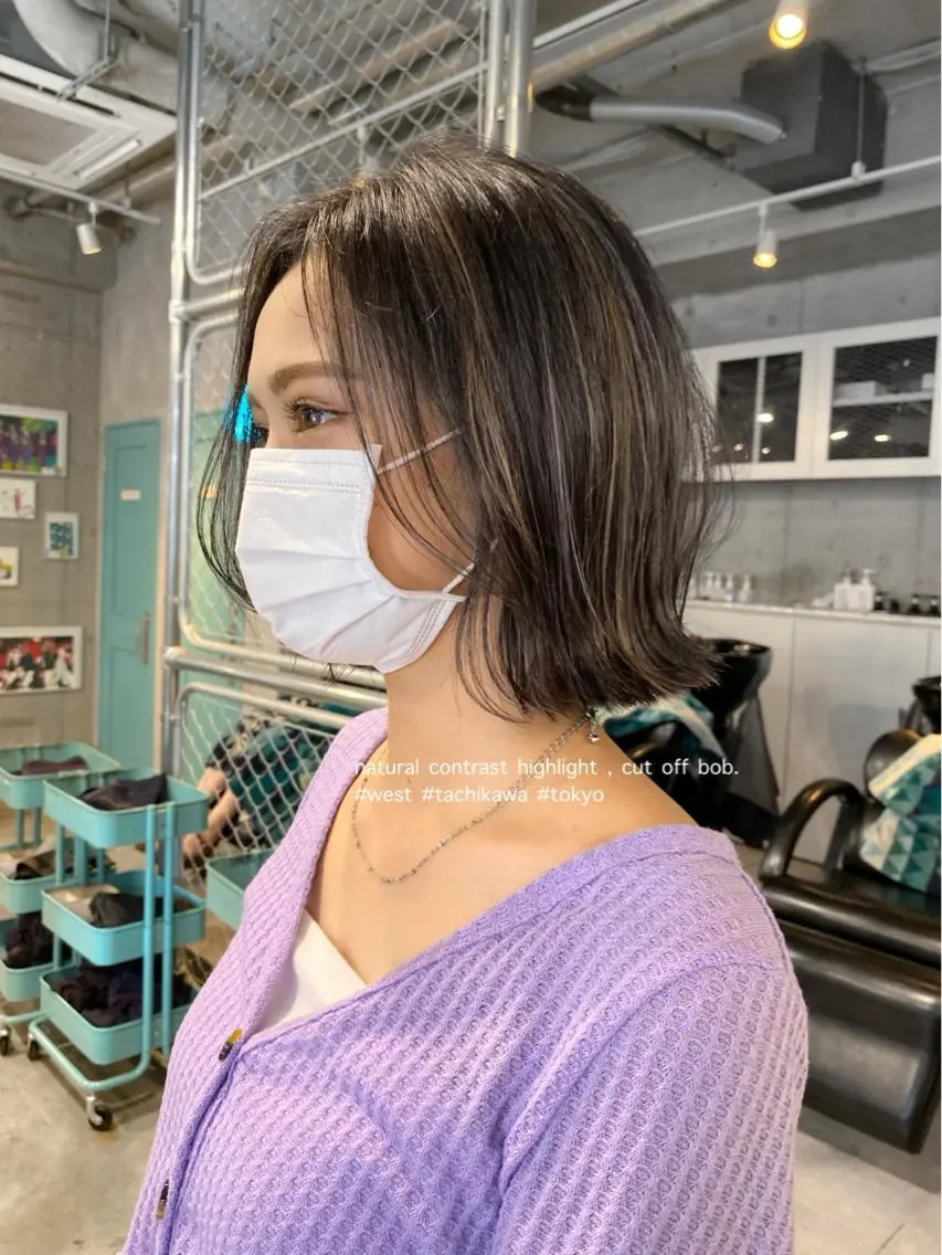 ショート カラー 切りっぱなしボブ ハイライトカラー ボブ ハイライト 学生 竹嶌 健吾のヘアスタイル
