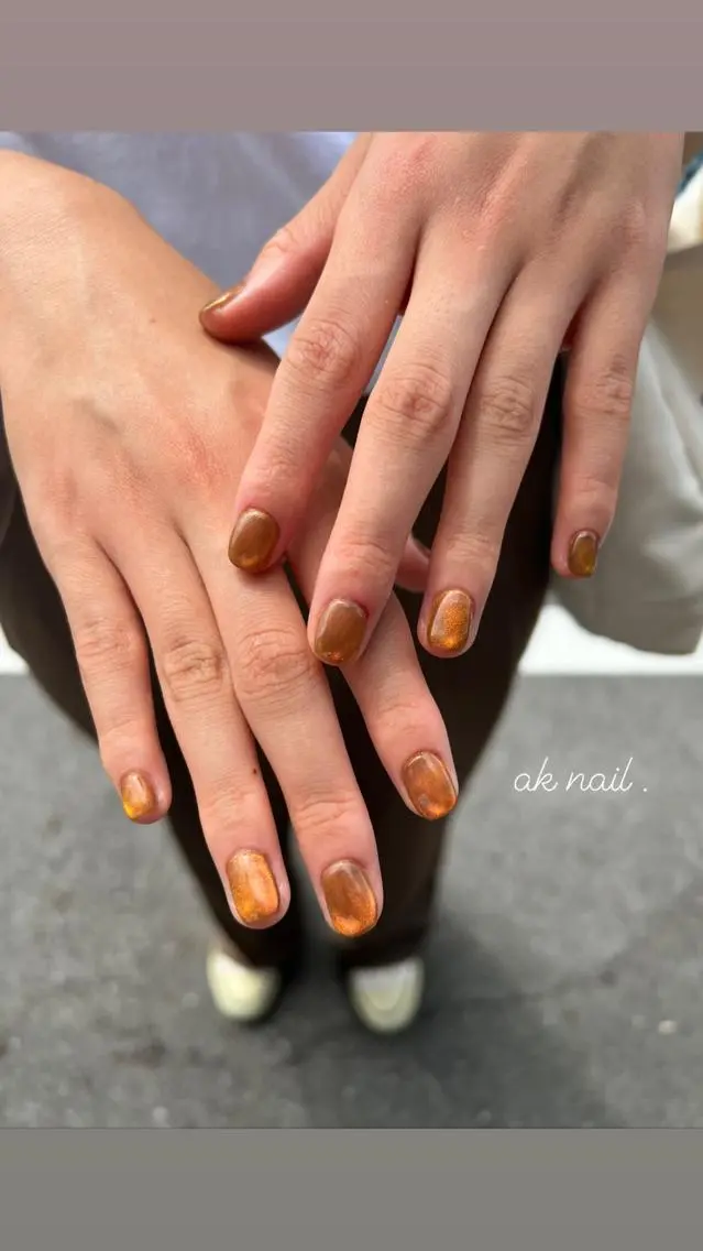 ネイル ブラウン マグネットネイル オレンジ ハンドネイル ak nail .のネイルデザイン