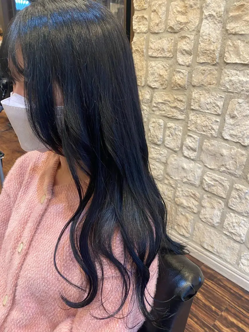 ロング カラー 黒髪 ブルーカラー ブルーブラック ブリーチカラー⸜♡⸝ クルミ🐍のヘアスタイル