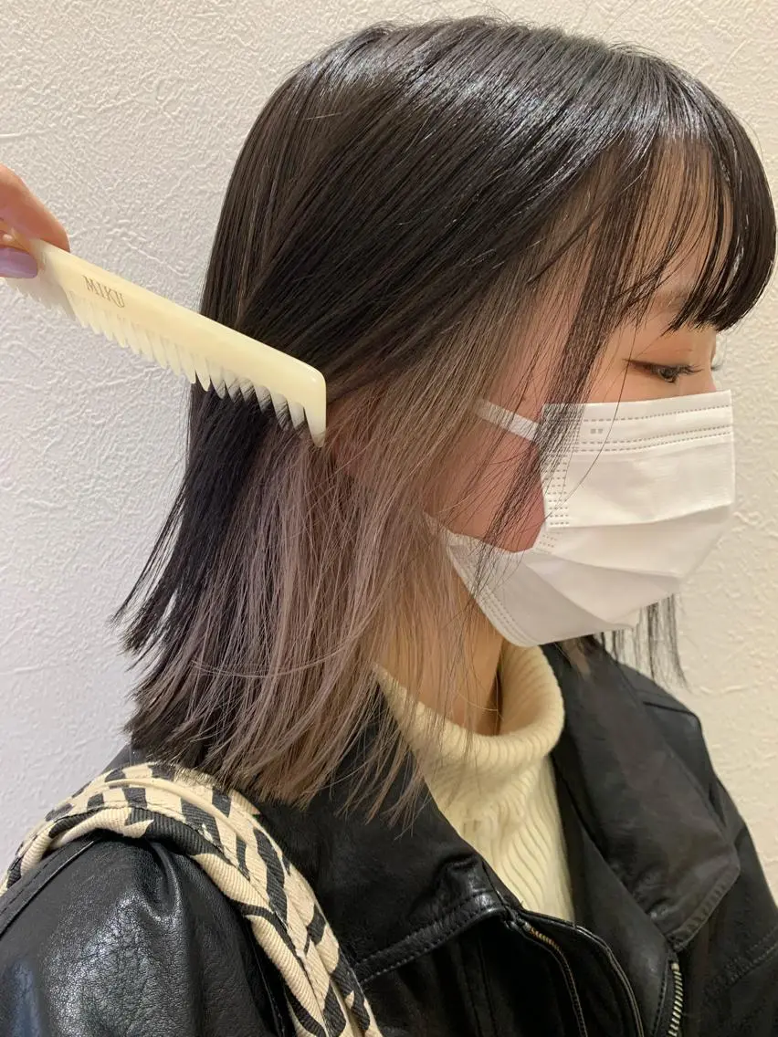 ミディアム カラー ベージュカラー ブリーチ インナーカラー ホワイトベージュ カット ヘアカラー トリートメント hubhair レイヤー/透明感のヘアスタイル