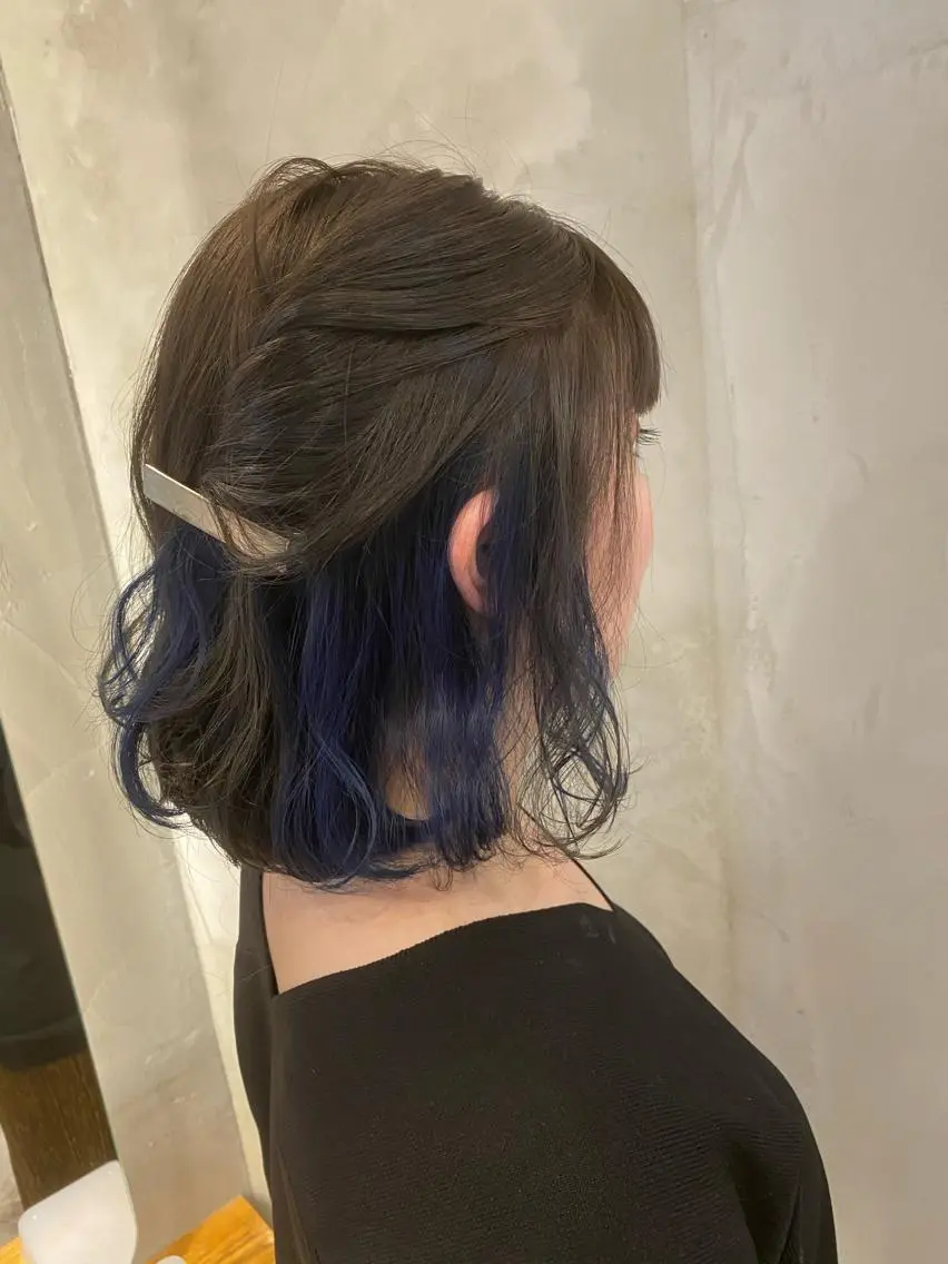 ミディアム カラー パーマ ヘアアレンジ ブルーカラー ヘアカラー トリートメント 新宿/顔周りカット +レイヤー=しずく♩のヘアスタイル
