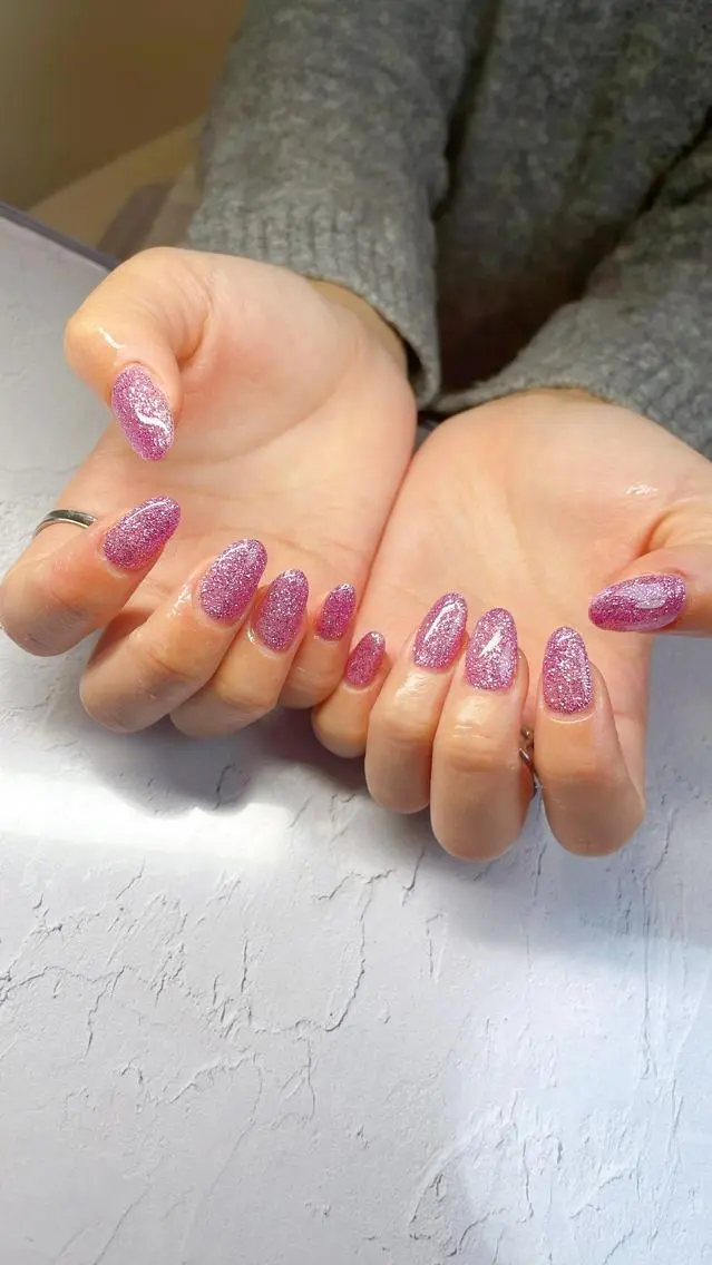 ネイル ラメ(グリッター) ワンカラーネイル ピンク ハンドネイル LaLa Peach 福岡のマツエク・マツパデザイン