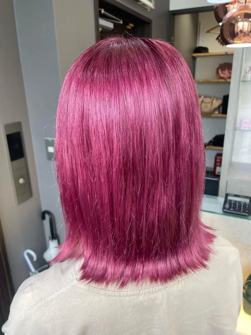 ミディアム カラー ピンクカラー ブリーチなしWカラー ヘアセット菜希のヘアスタイル