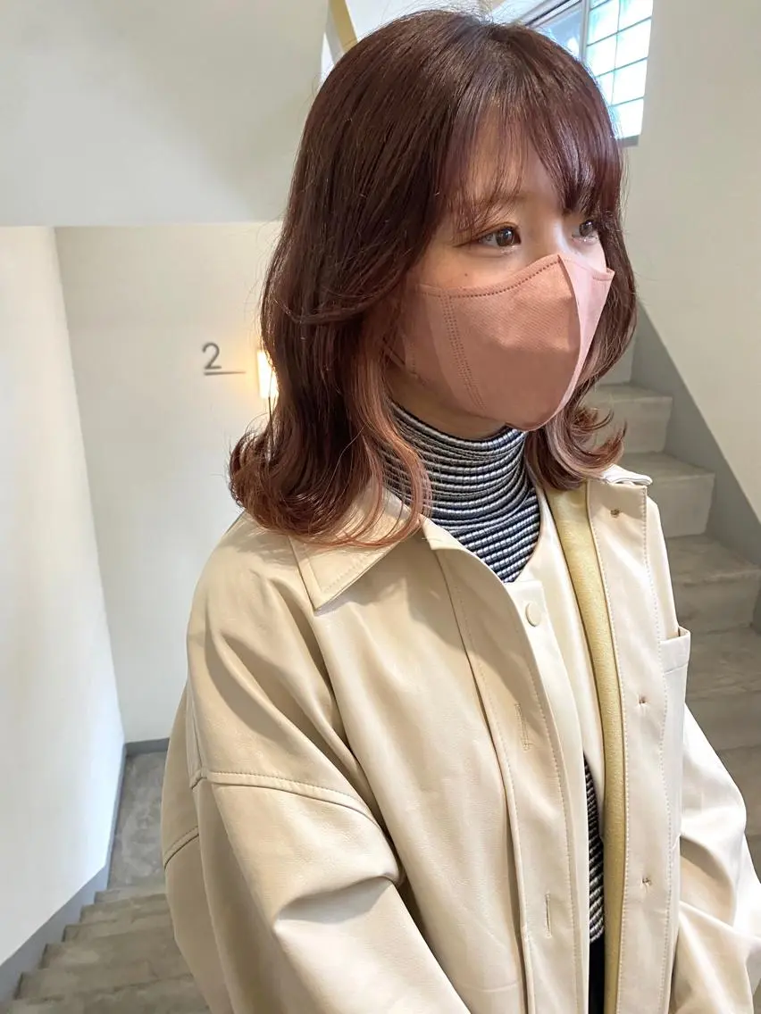 ミディアム 切りっぱなしボブ オレンジブラウン ピンクブラウン ボブ サイドバング タナカ レイのヘアスタイル