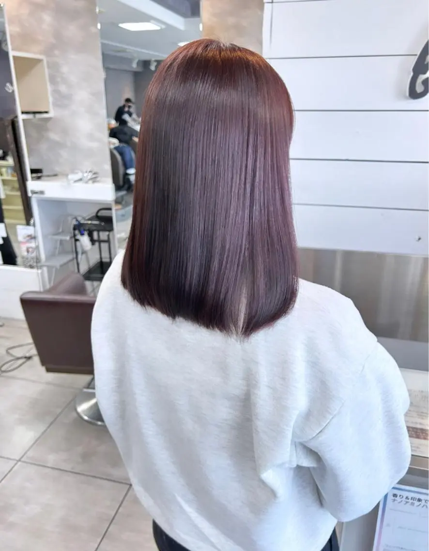 ミディアム ヘアアレンジ ピンクブラウン パープルカラー カット ヘアカラー レイヤー/艶髪カラー 森本くるみのヘアスタイル