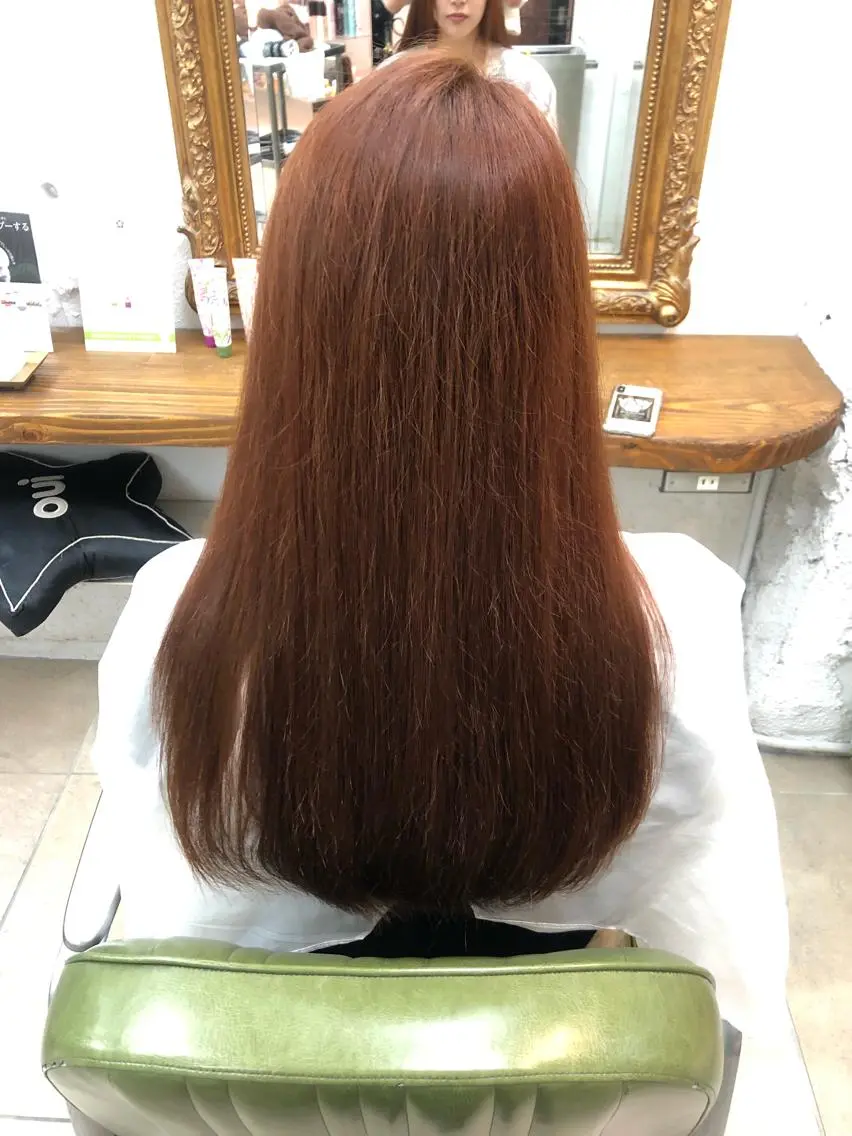 ロング カラー パーマ ブリーチ ブリーチなしカラー オレンジ ストレートパーマ み ゆきのマツエク・マツパデザイン