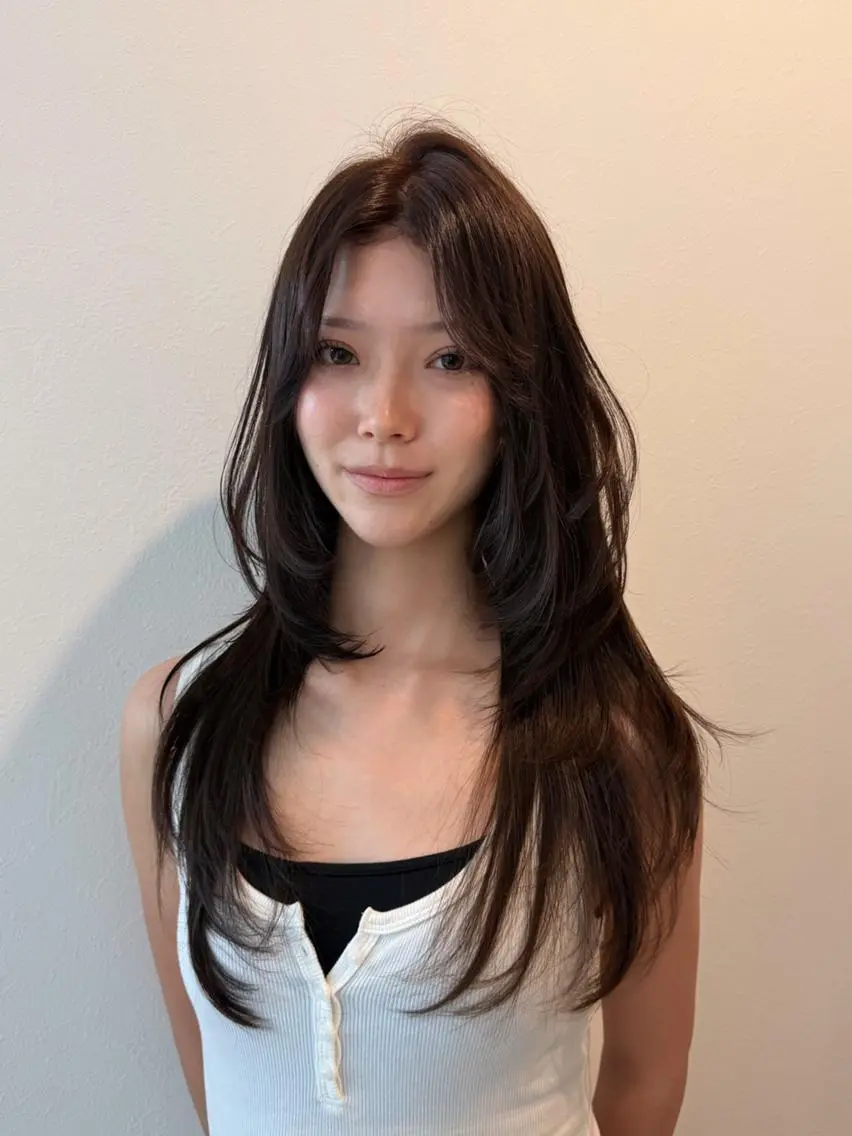 ロング ロングレイヤー くびれヘア 顔まわりレイヤー 韓国風ヘア レイヤーカット FOCUSJAPAN 烏丸のヘアスタイル