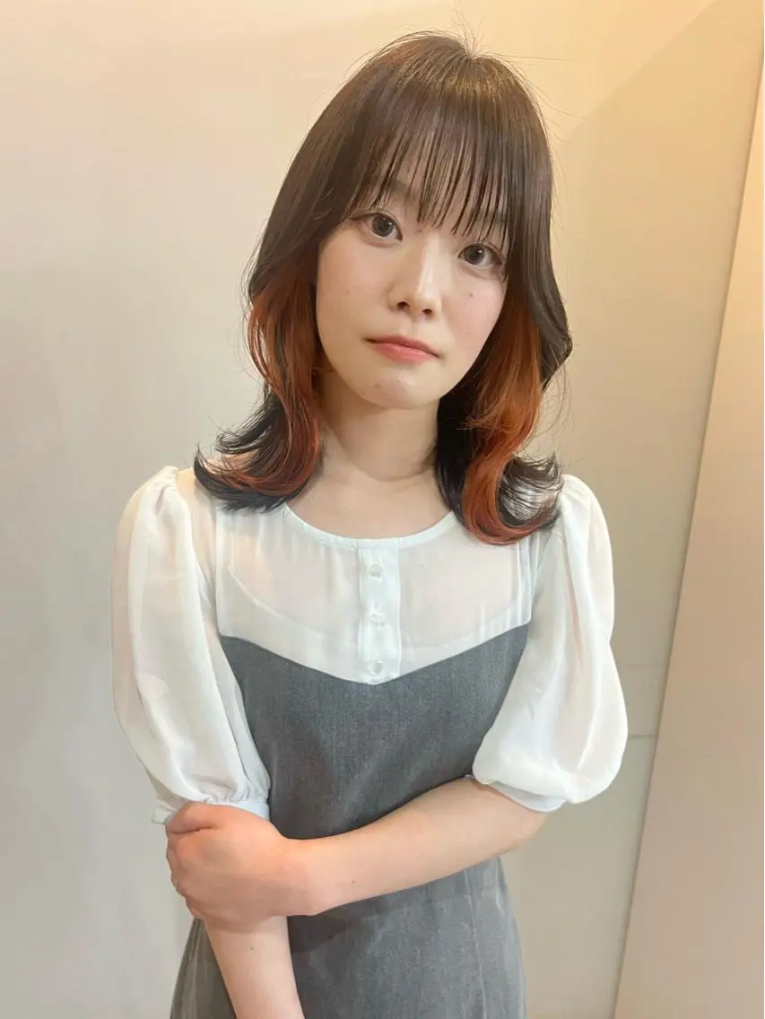 カラー インナーカラー オレンジ ヘアカラー 切りっぱなしボブ/ ブリーチカラー/大塚のヘアスタイル