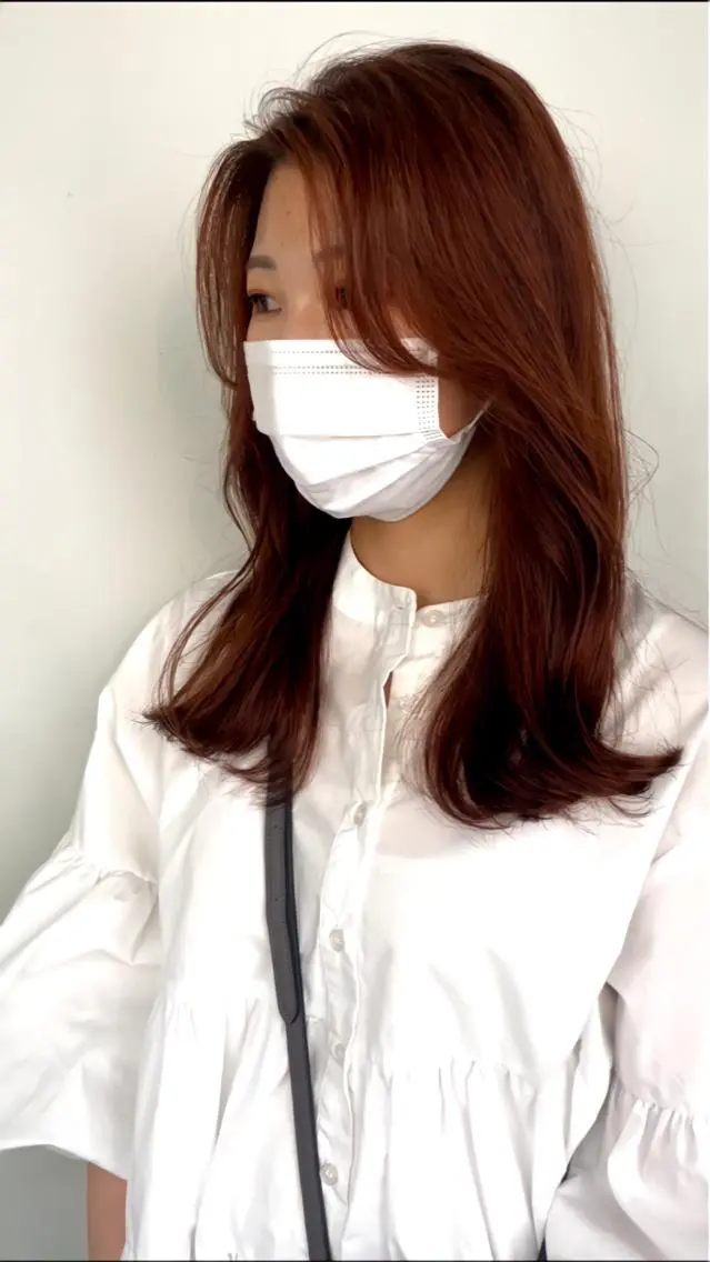 ミディアム カラー ベージュカラー オレンジ オレンジベージュ チヒョ🦋 韓国hair🇰🇷のヘアスタイル