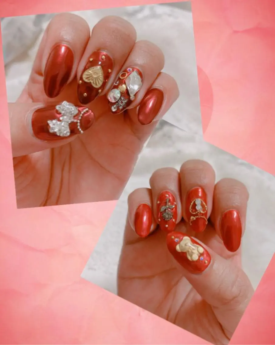 ネイル ボルドー ゴールド ミラーネイル 赤色 リボン ベテランネイル cnc nailのネイルデザイン