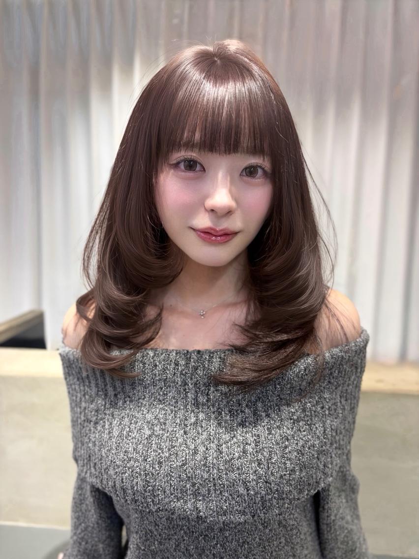 ミディアム カラー ミディアムレイヤー ベージュカラー 透明感カラー グレージュ オリーブカラー カット トリートメント MISAKI/韓国 レイヤー/エクステのヘアスタイル