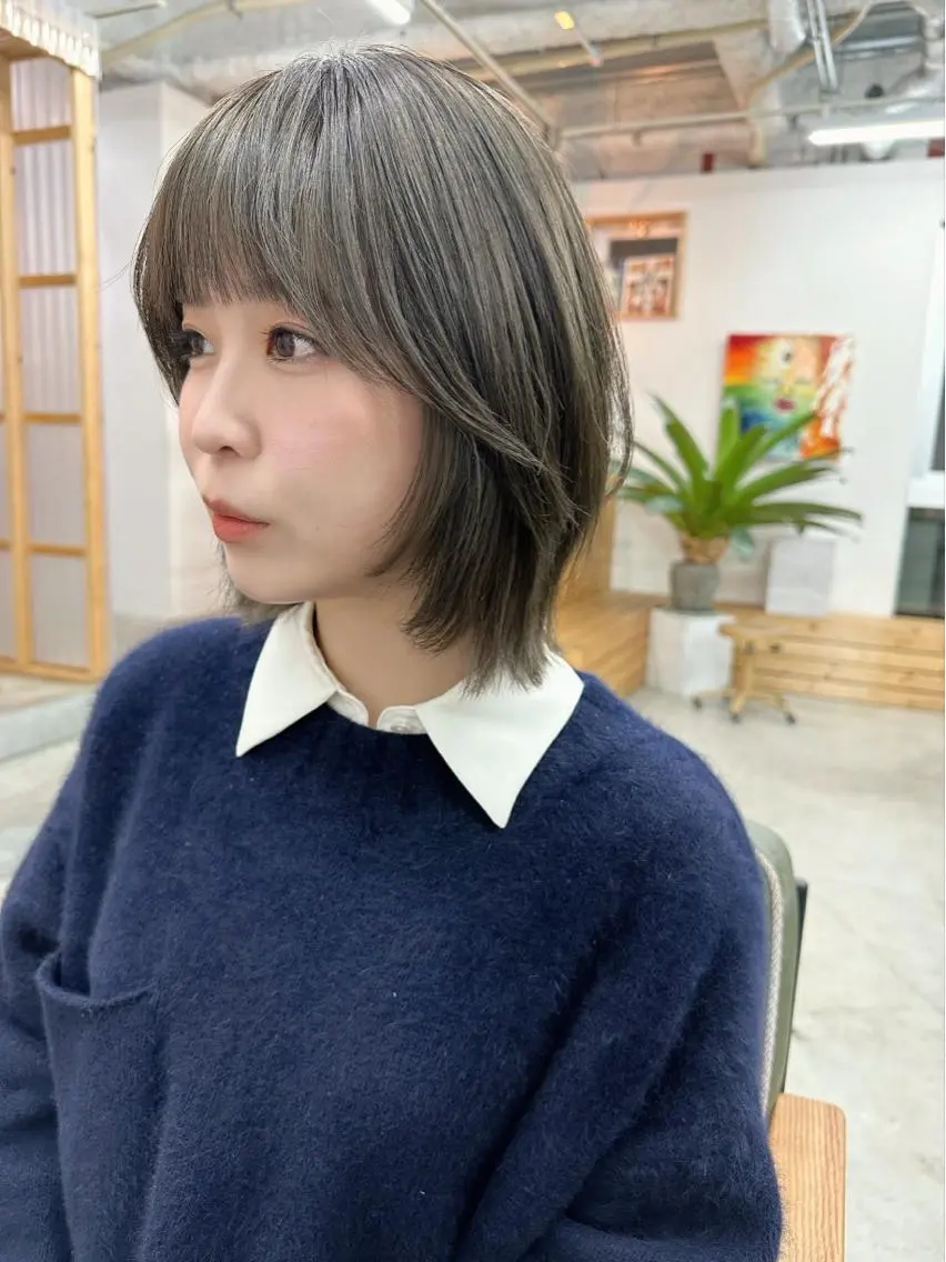 ミディアム カラー ショートボブ ミディアムパーマ ブリーチ 透明感カラー ダブルカラー カット ヘアカラー alu/心斎橋大阪 ボブ/ブリーチなしのヘアスタイル