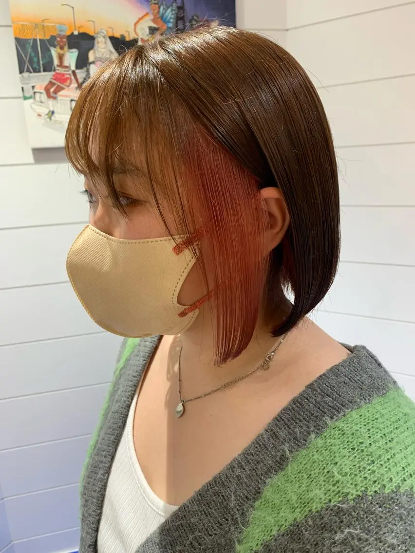 ミディアム カラー オレンジ オレンジピンク ピンクカラー ボブ 🐝岡本 柚葉🐝のヘアスタイル