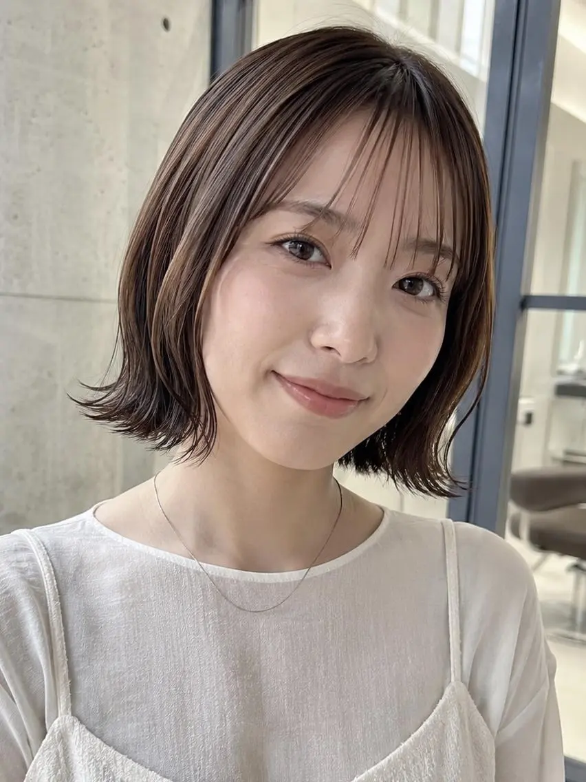 ミディアム カラー 切りっぱなしボブ ミディアムレイヤー グレージュ ボブ 髪質改善 切りっぱなしボブ/ 透明感カラー/うらんのヘアスタイル