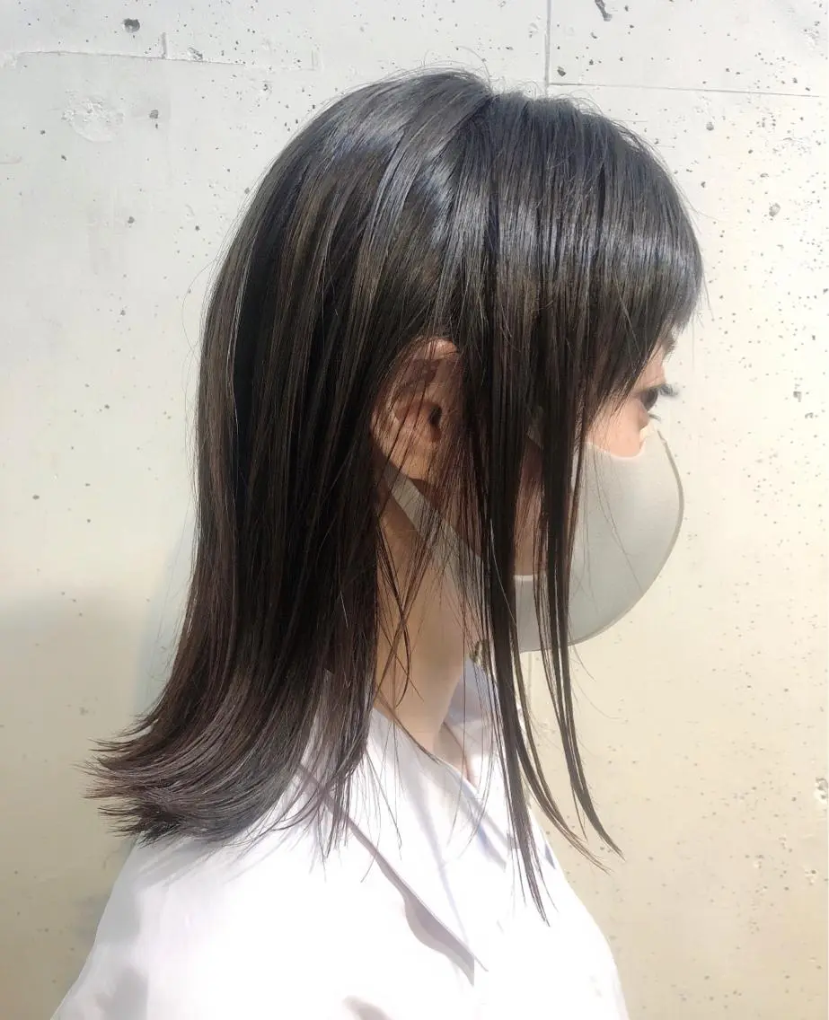 ミディアム 切りっぱなしロブ ボブ/縮毛/レイヤー モトナリのヘアスタイル