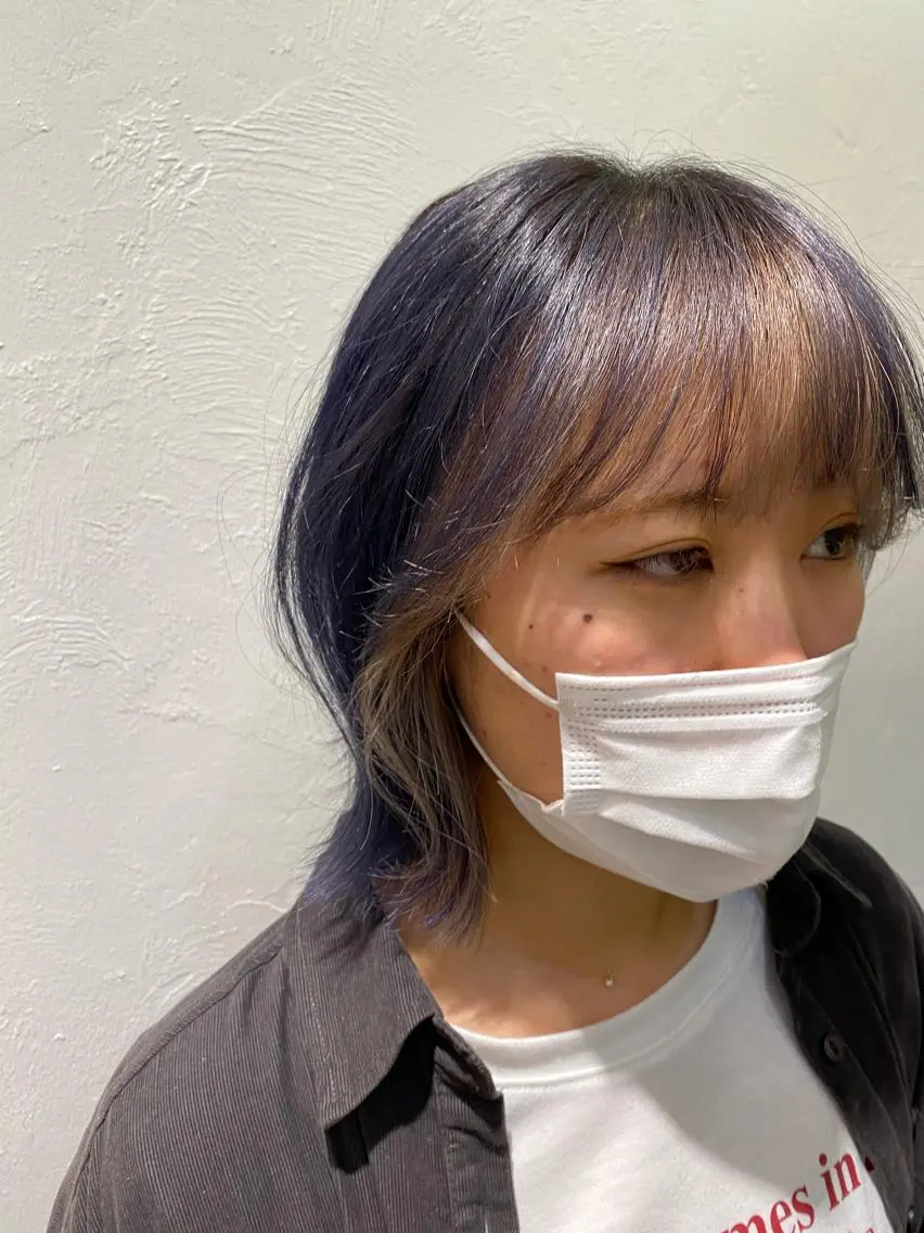 ミディアム カラー ベージュカラー ブルーカラー ブルージュ パープルカラー ショート& パーマ　坂本のヘアスタイル