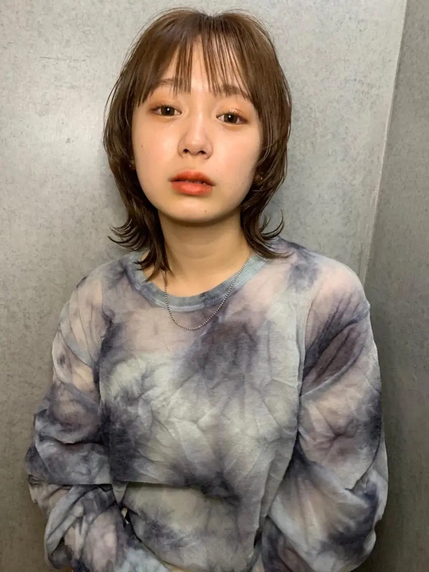 ミディアム パーマ カラー ショートボブ ミディアムパーマ アディクシーカラー ブリーチ ケアブリーチ ヘアカラー トリートメント CEINE PATHのヘアスタイル