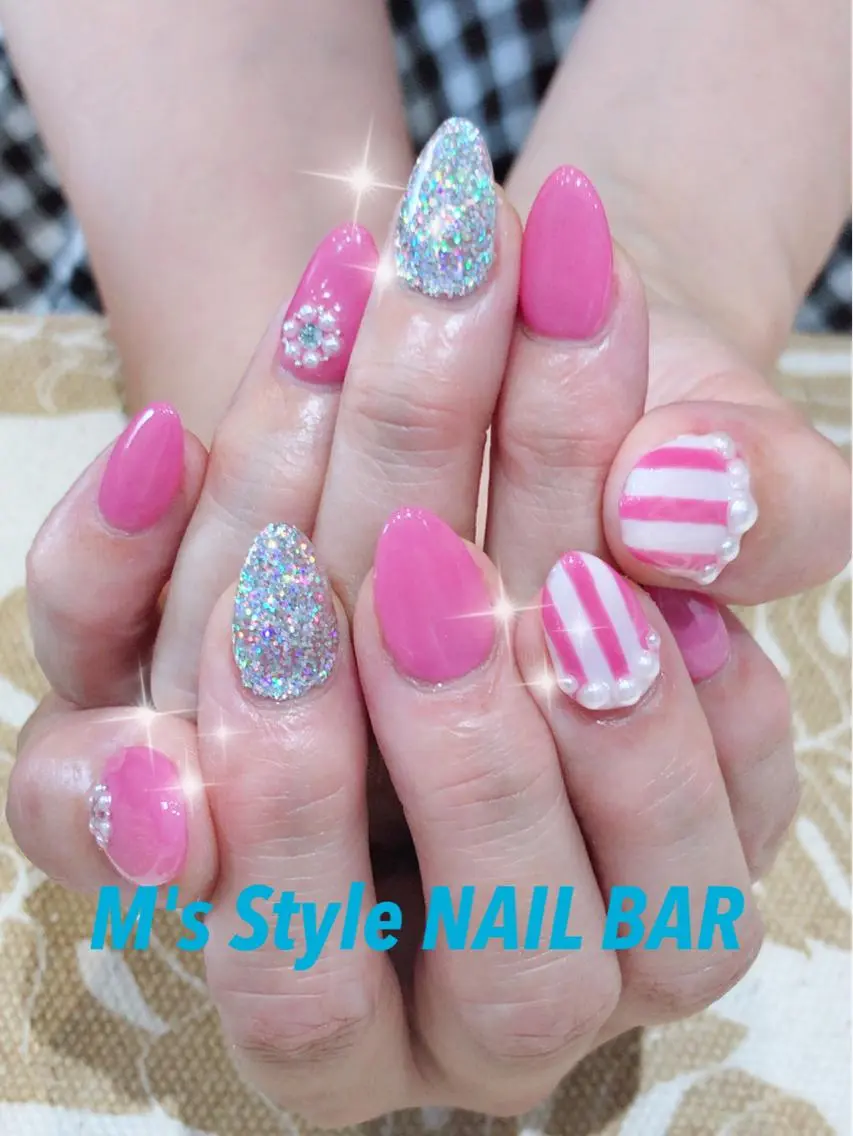 ネイル ガーリー 持ち込み ピンク ハンドネイル M's Style NAIL BARのネイルデザイン