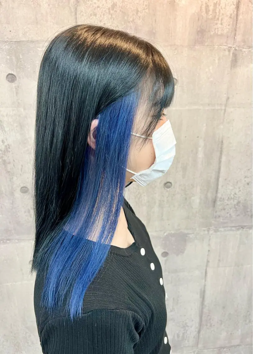 セミロング カラー ブルーカラー イヤリングカラー ネイビーカラー ヘアカラー トリートメント 興津/韓国レイヤー ダブルカラー美髪縮毛のヘアスタイル