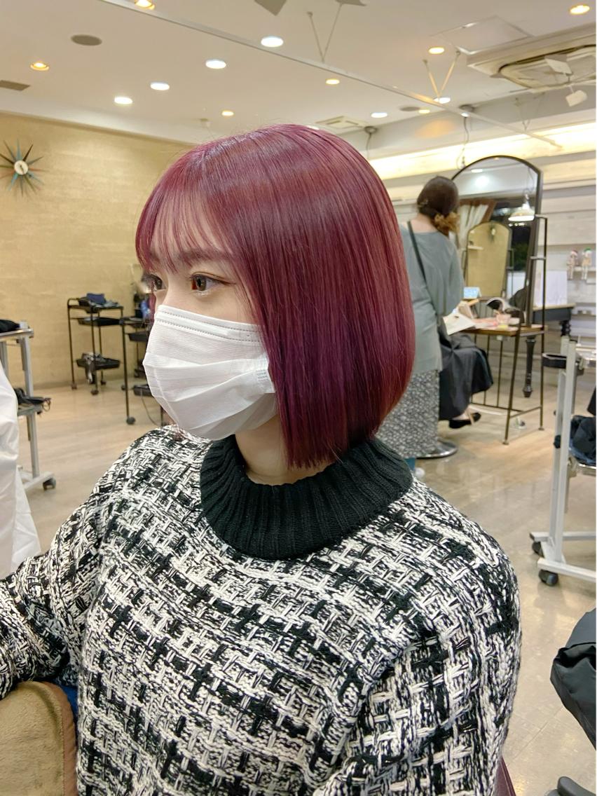 ミディアム カラー ピンクカラー バイオレットカラー ボブ 植田 敬太のヘアスタイル