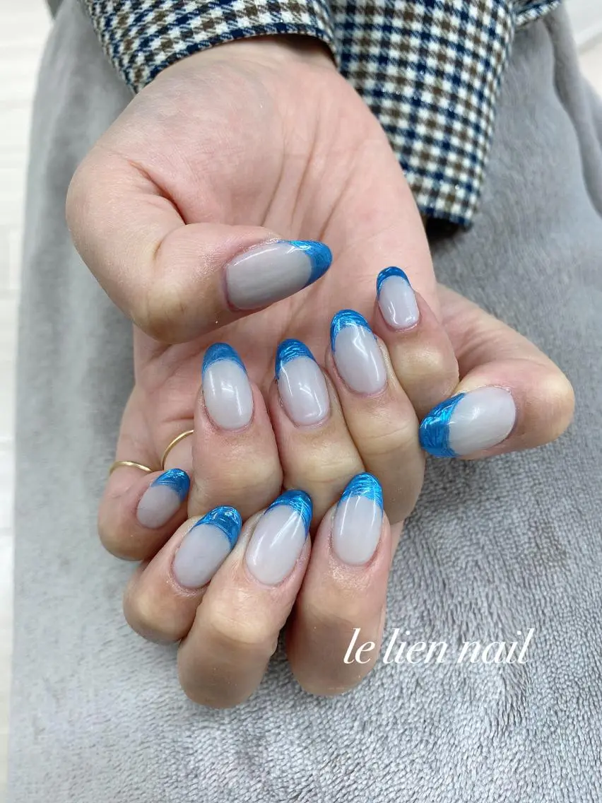 ネイル ブルー フレンチネイル ミラーネイル ニュアンスネイル le lien nailのネイルデザイン