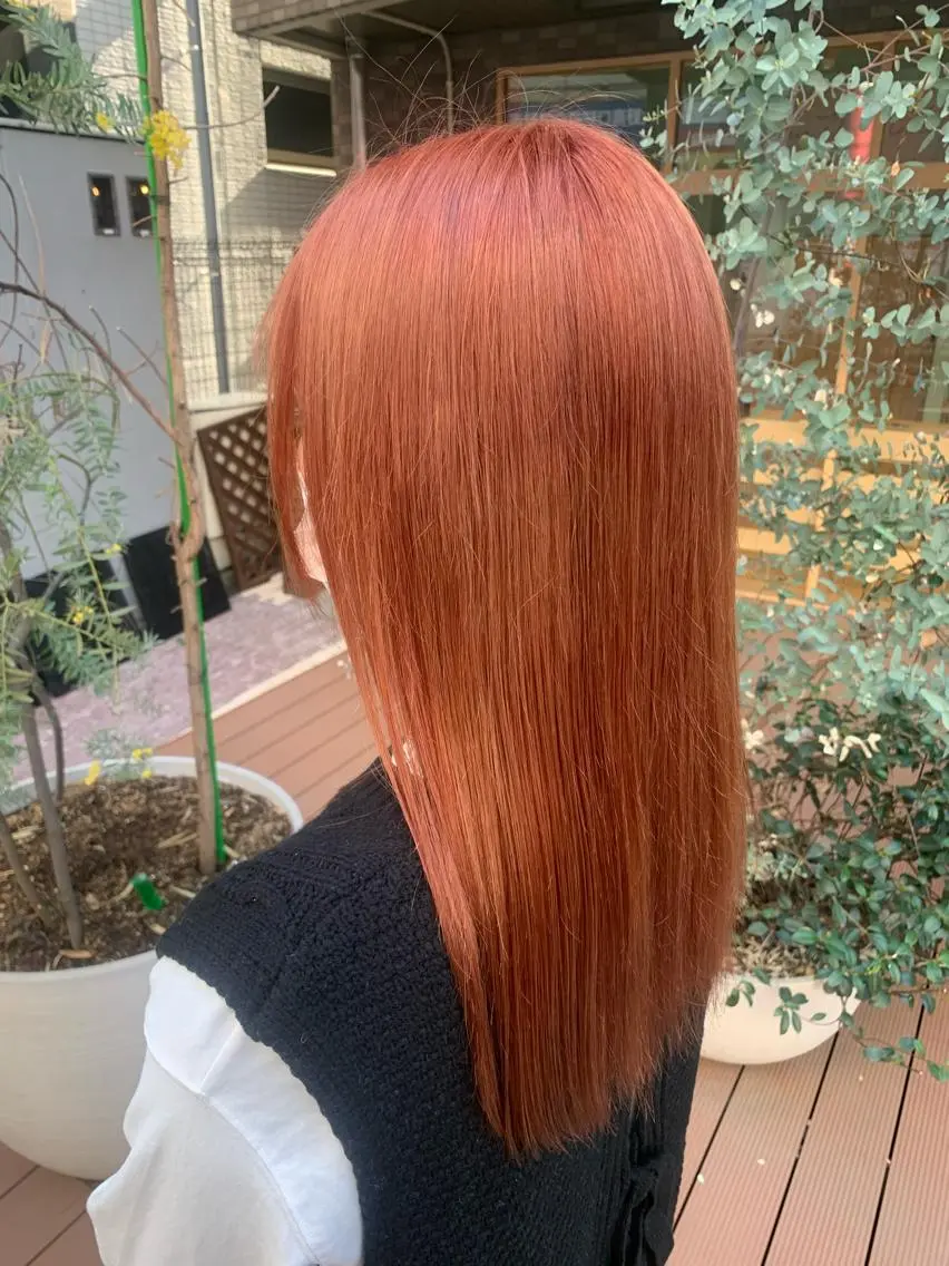 ミディアム カラー オレンジ ピンクカラー ヘアカラー トリートメント ハイトーン/メンズ/ ウルフ特化 小松のヘアスタイル