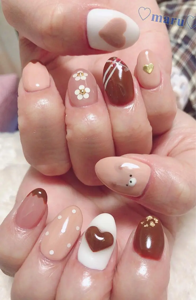 ネイル ブラウン ハート ハンドネイル フットネイル まるみ ♡のその他イメージ