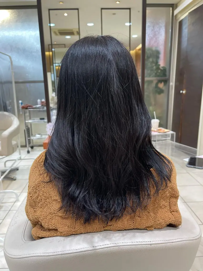 セミロング カラー 黒髪 ブルーカラー ブルーブラック カネヒラ リョウスケのヘアスタイル