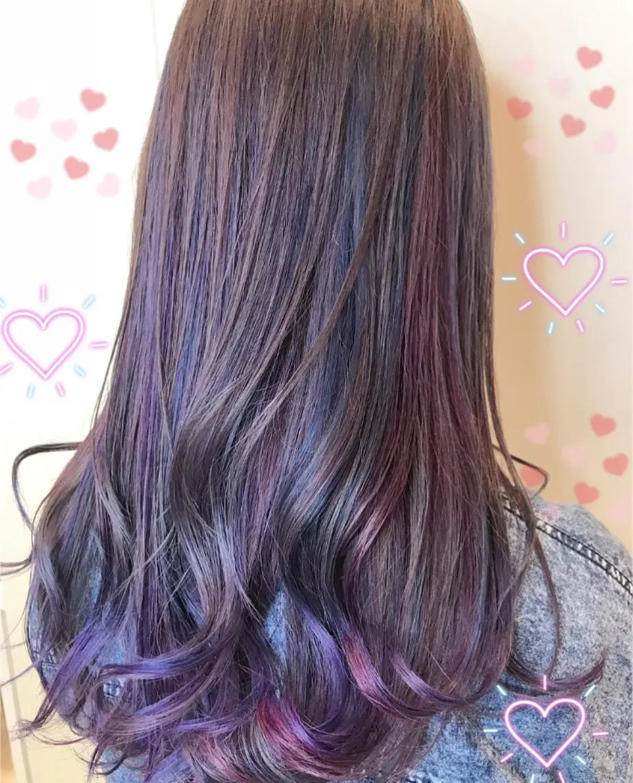 セミロング カラー ブリーチ ハイライトカラー パープルカラー ハイライト 新宿駅近♡個室 ♡関口三都季🌜のヘアスタイル