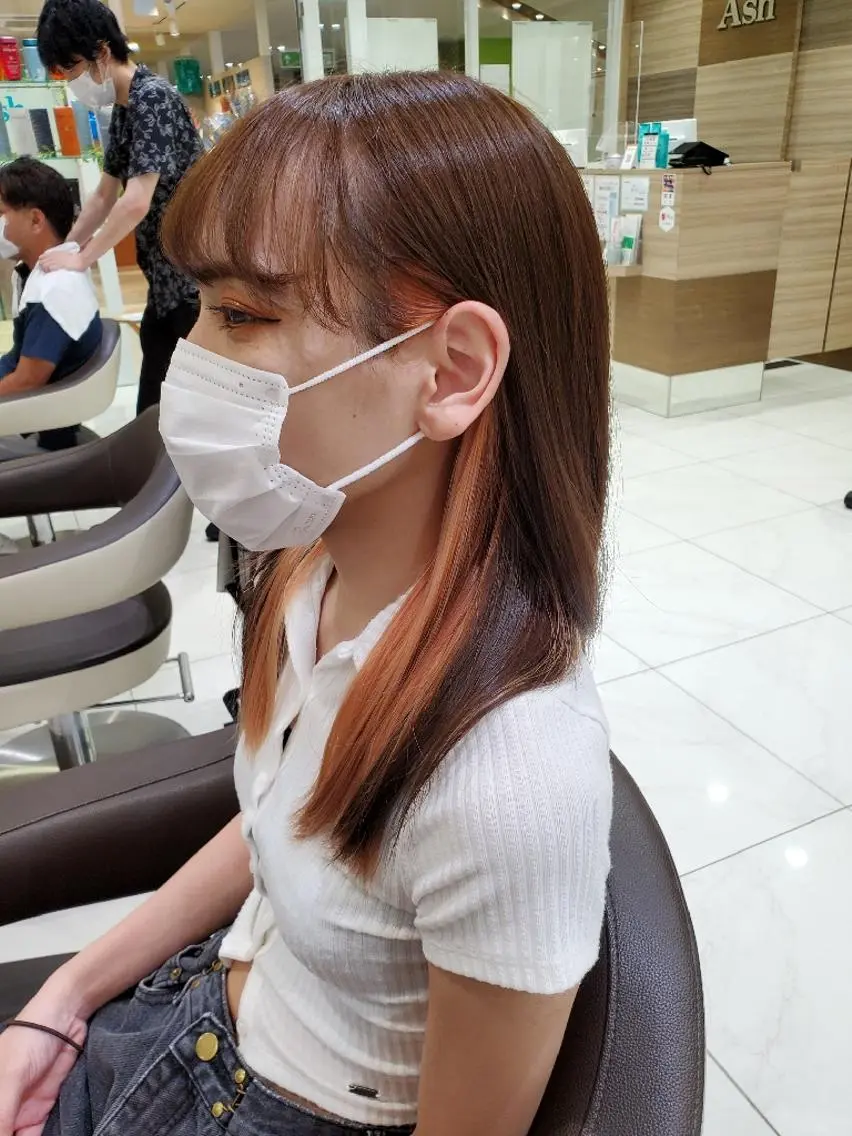セミロング カラー アッシュ ベージュカラー ブリーチ インナーカラー オレンジ カラー特化🔥中村 和貴＜Ash津田沼＞のヘアスタイル