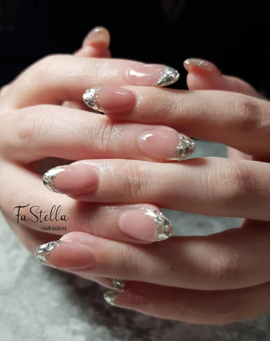 ネイル ロング フレンチネイル ガラスフレンチ キラキラネイル Fa.Stella ファステラ のネイルデザイン