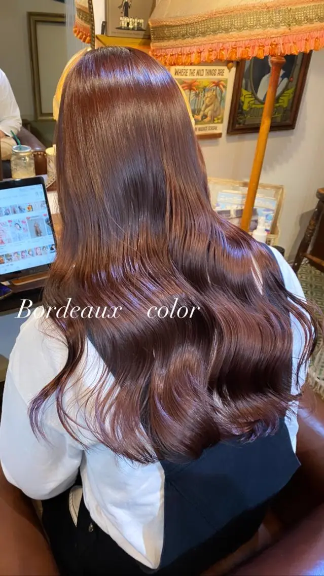 ロング カラー ブリーチ ボルドーカラー ブリーチなしカラー ヘアカラー AYANO ／レイヤー／オリーブのヘアスタイル