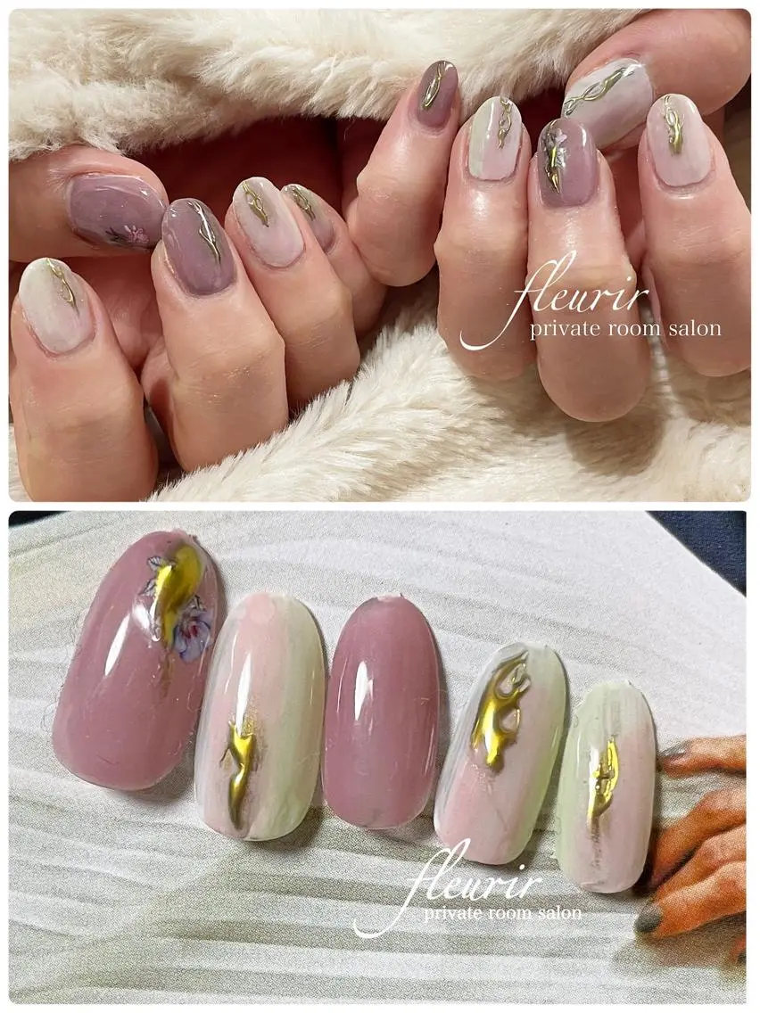 ネイル アートネイル ミラーネイル ニュアンスネイル 春ネイル フルリール 【プライベートサロンのネイルデザイン