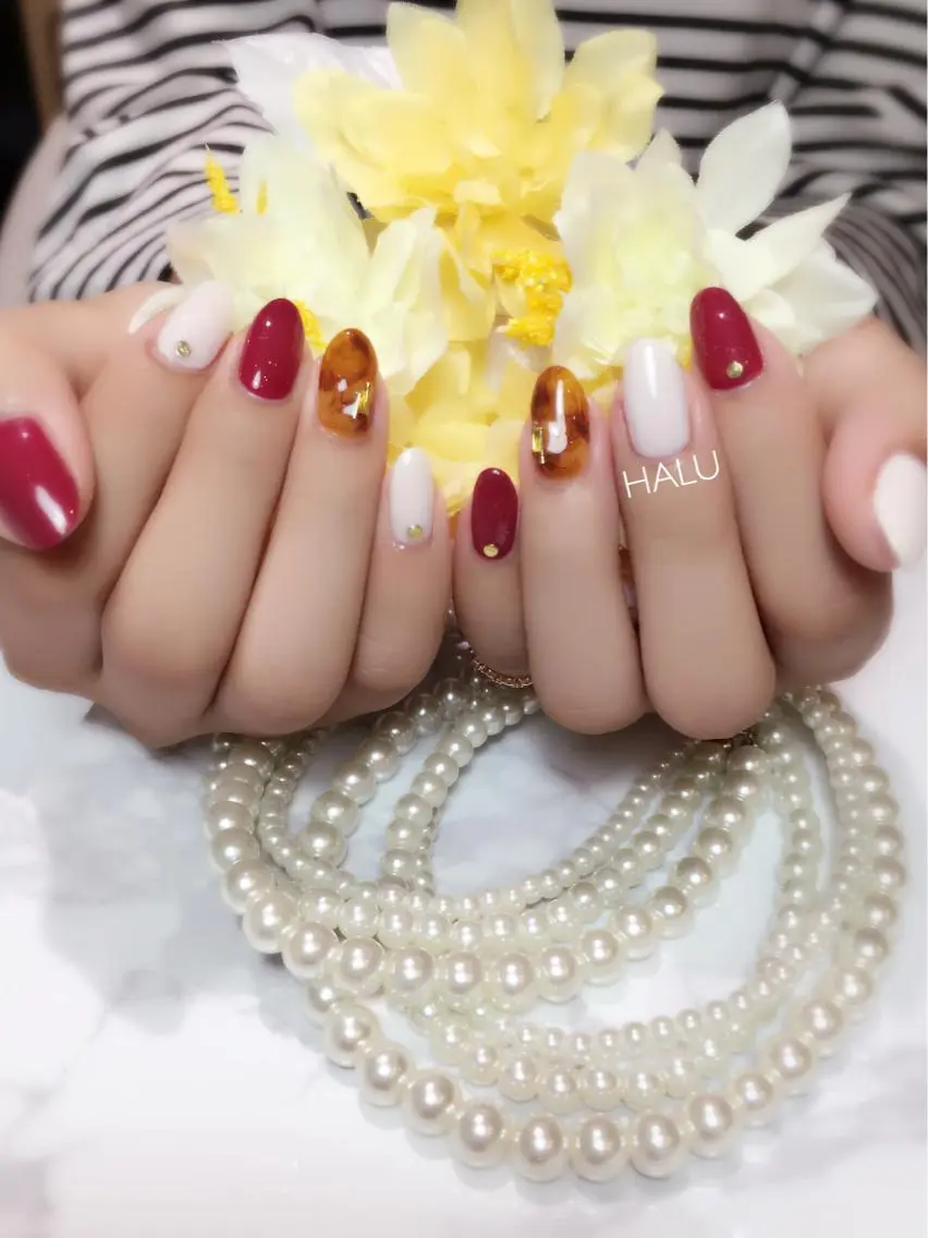 ネイル アートネイル べっ甲ネイル ボルドー シンプルネイル HALU ハルのネイルデザイン