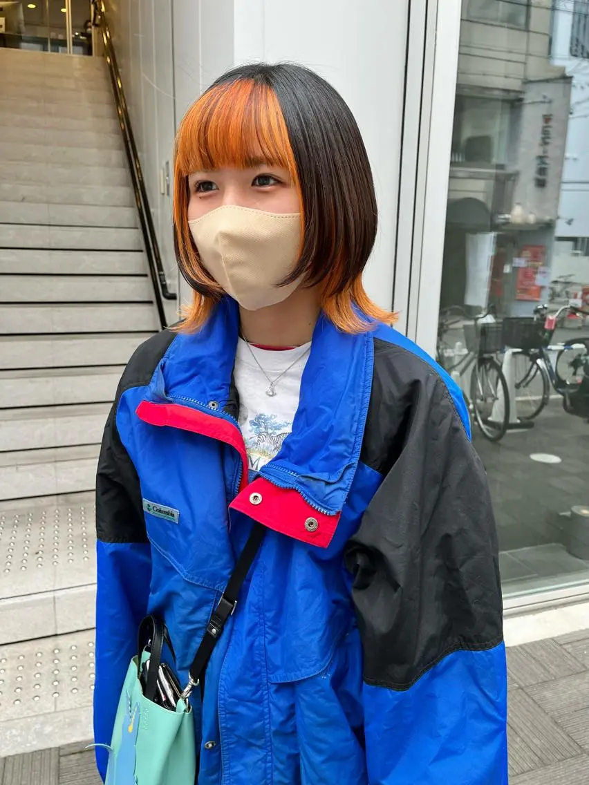 ミディアム カラー ミストバング ベージュカラー フェイスフレーミング インナーカラー オレンジ カット ヘアカラー ショート/パーマ/ カラー/FUKOのヘアスタイル