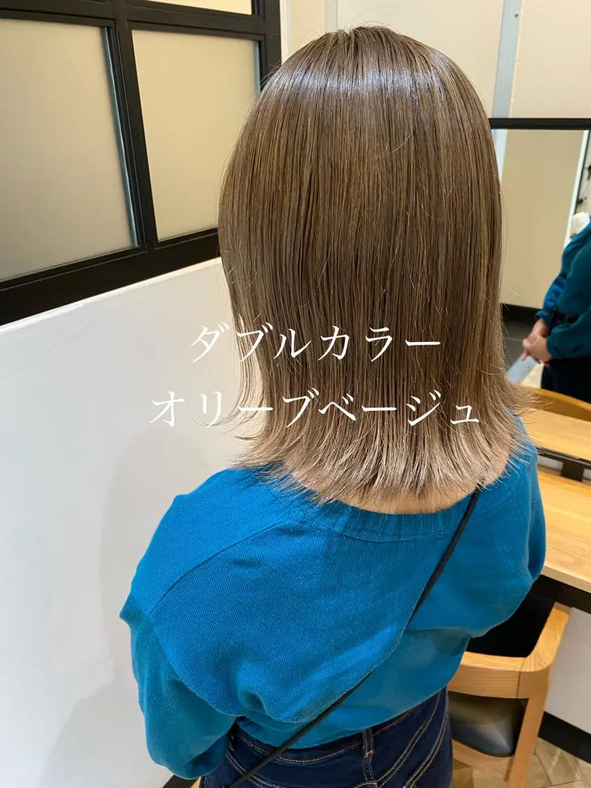 ミディアム カラー ショートボブ ミディアムパーマ アッシュ バレイヤージュ ベージュカラー ハイトーン/カラー/ 用賀/稲若健太郎のヘアスタイル