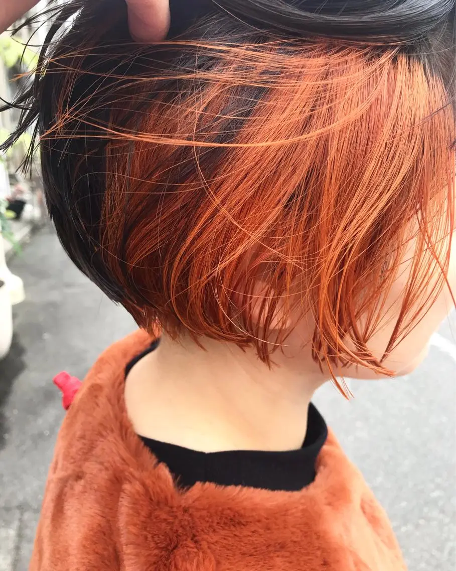ショート カラー パーマ オレンジ カット ヘアカラー トリートメント tatsumi/ボブ ウルフ/レイヤーのヘアスタイル