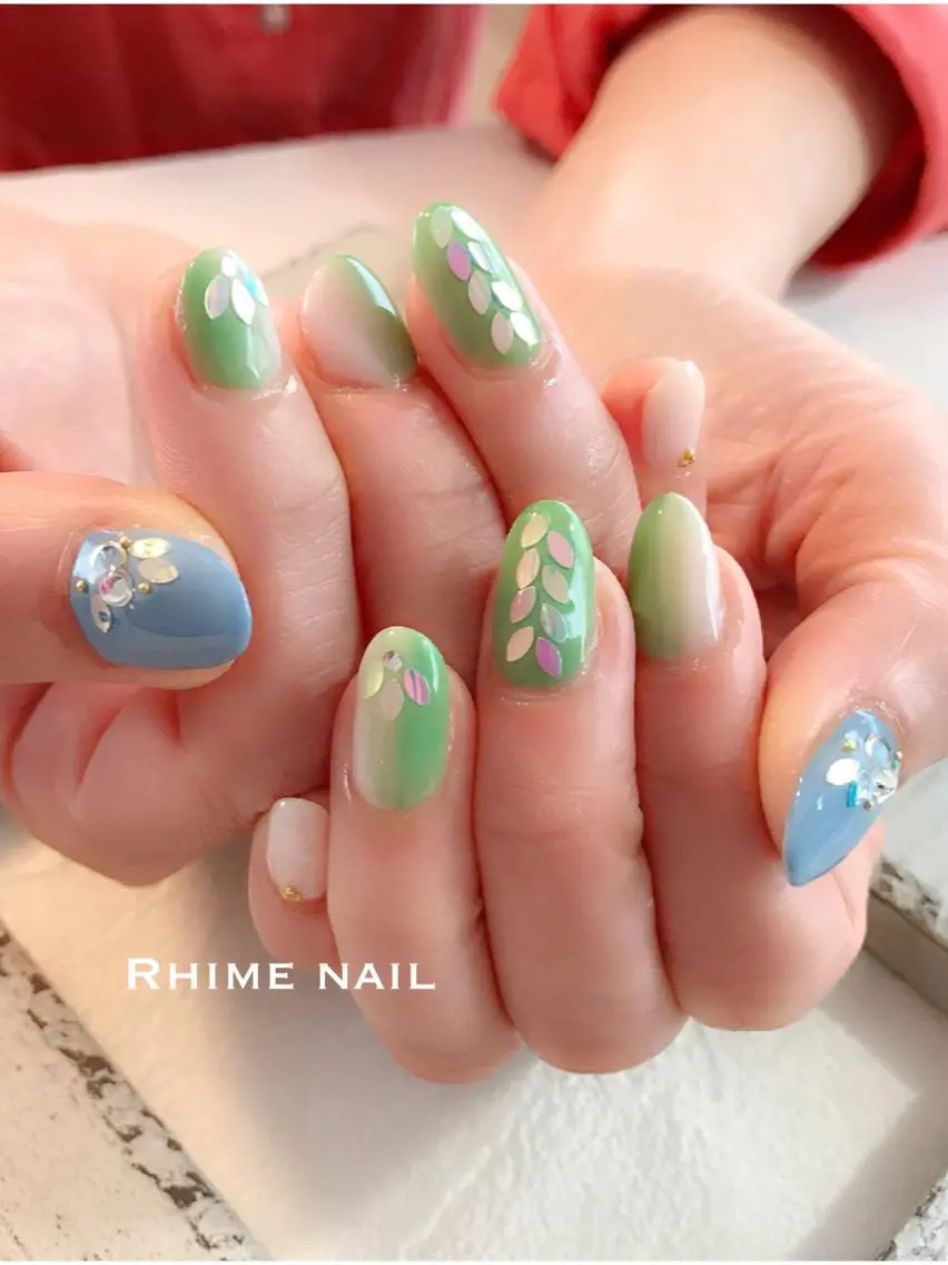 ネイル ブルー グリーン Rhime nail ライムネイルのネイルデザイン