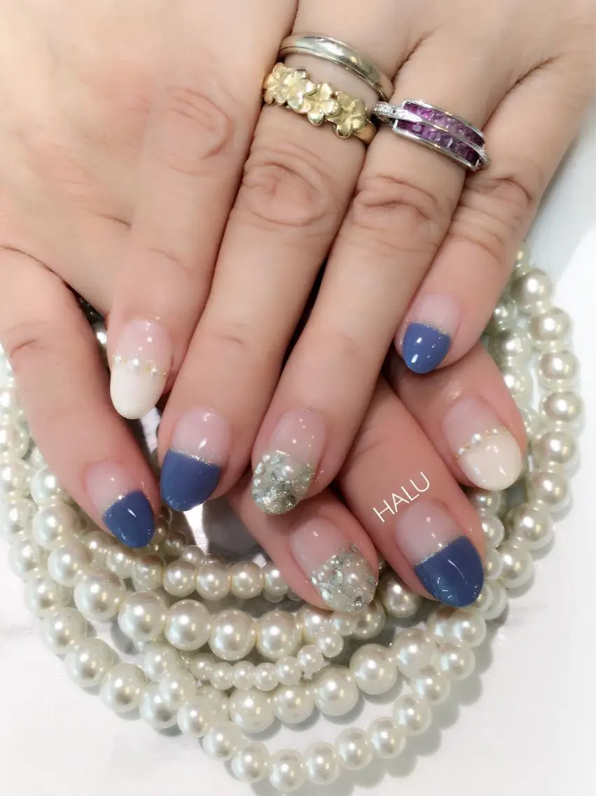 ネイル アートネイル ブルー クリアネイル シンプルネイル ストーンネイル HALU ハルのネイルデザイン
