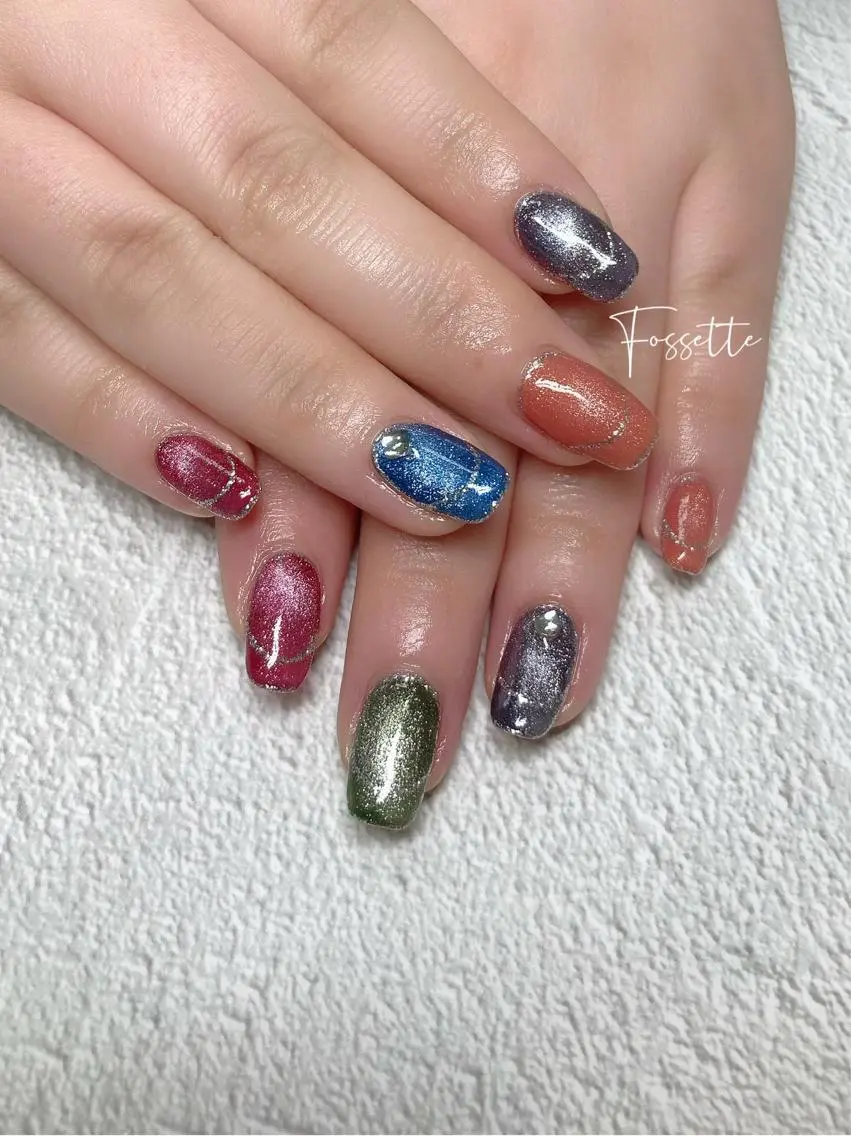 ネイル フレンチネイル ラメ(グリッター) マグネットネイル スクエアネイル ハンドネイル nailsalon Fossetteのネイルデザイン