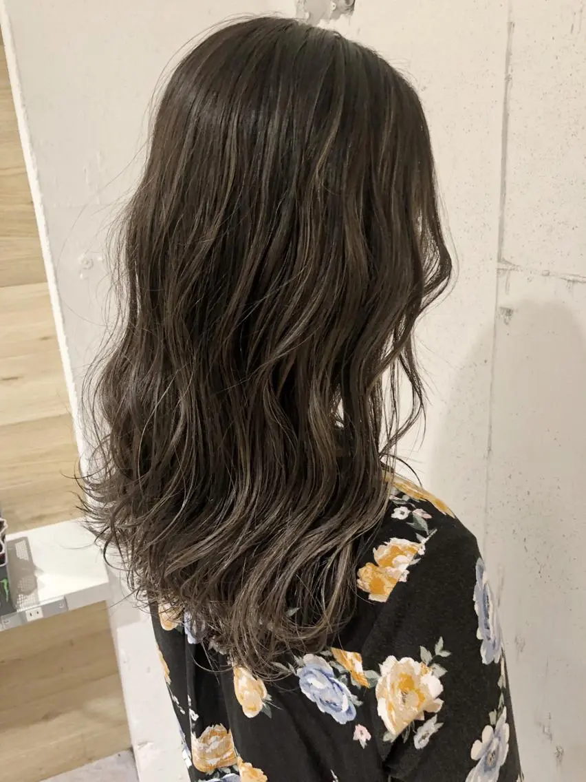 セミロング アッシュ ハイライト フジサキ ケンのヘアスタイル