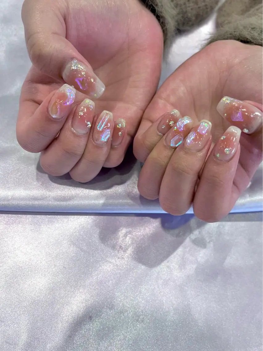 ネイル オーロラネイル チークネイル ガーリー ゴールド ハート ハンドネイル フットネイル Para Sol nail Maoのネイルデザイン